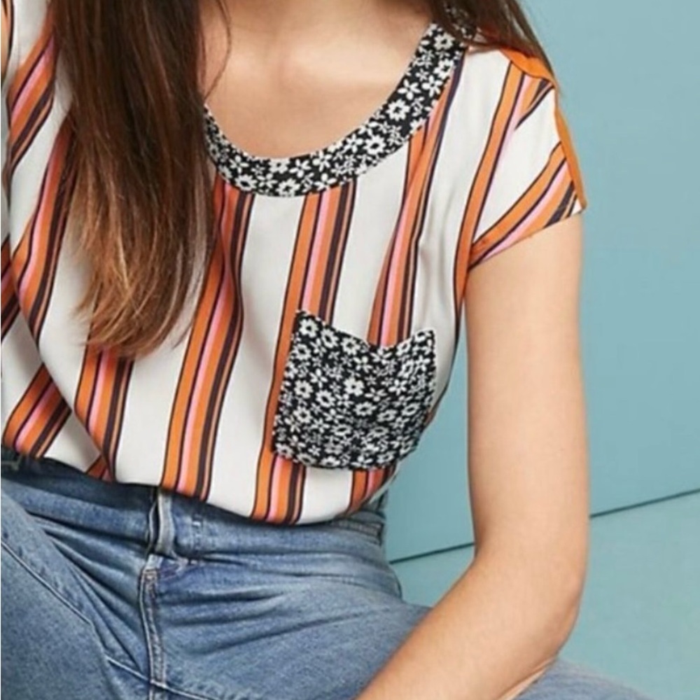 Striped Short Sleeve Tee with Floral Trim - Orange/White